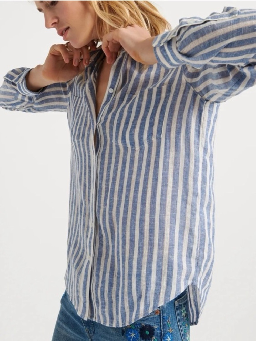 Lucky Brand | Ashley Linen Blend Blue and White Striped Button-Down Shirt